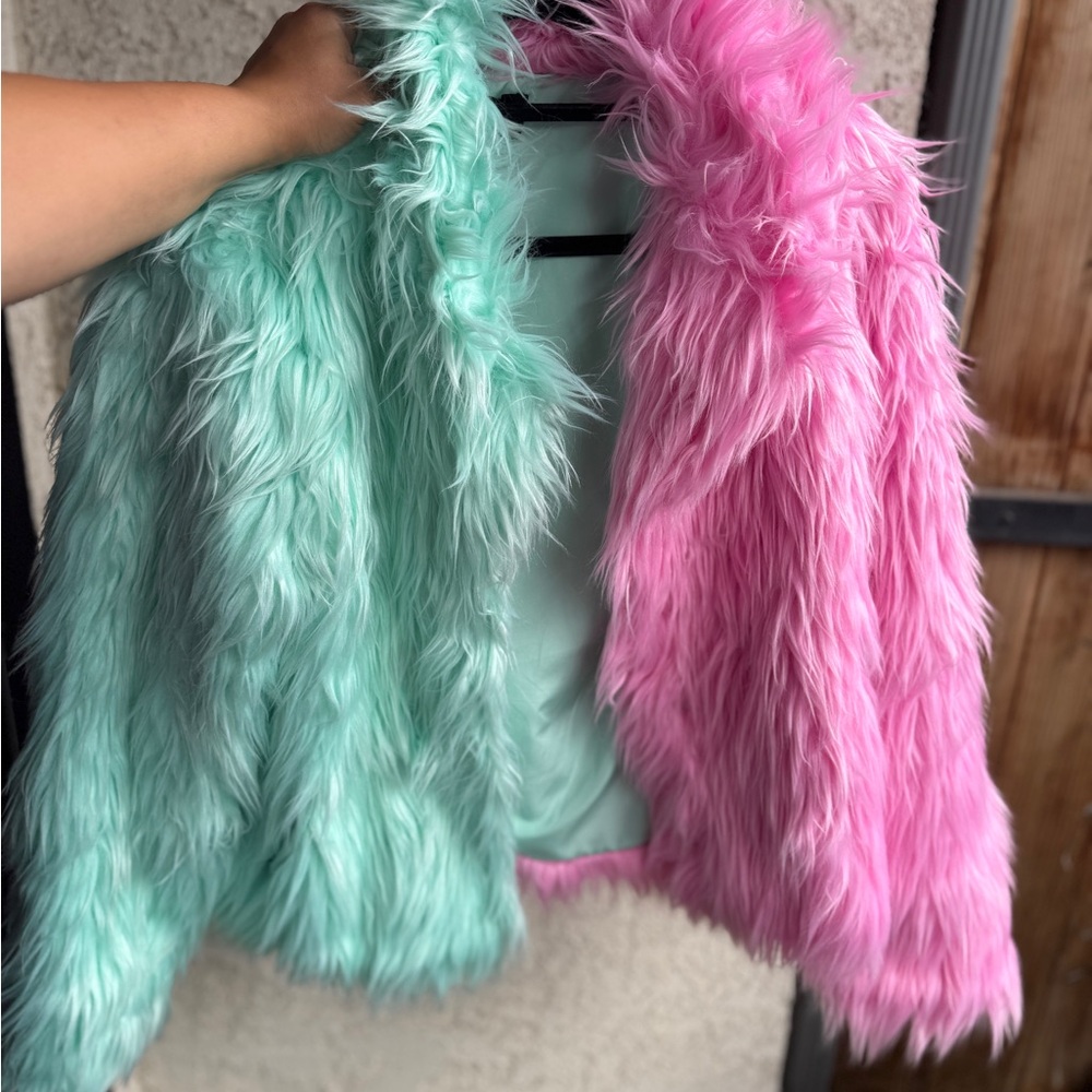 Mint and Pink Faux Fur Jacket with Pockets